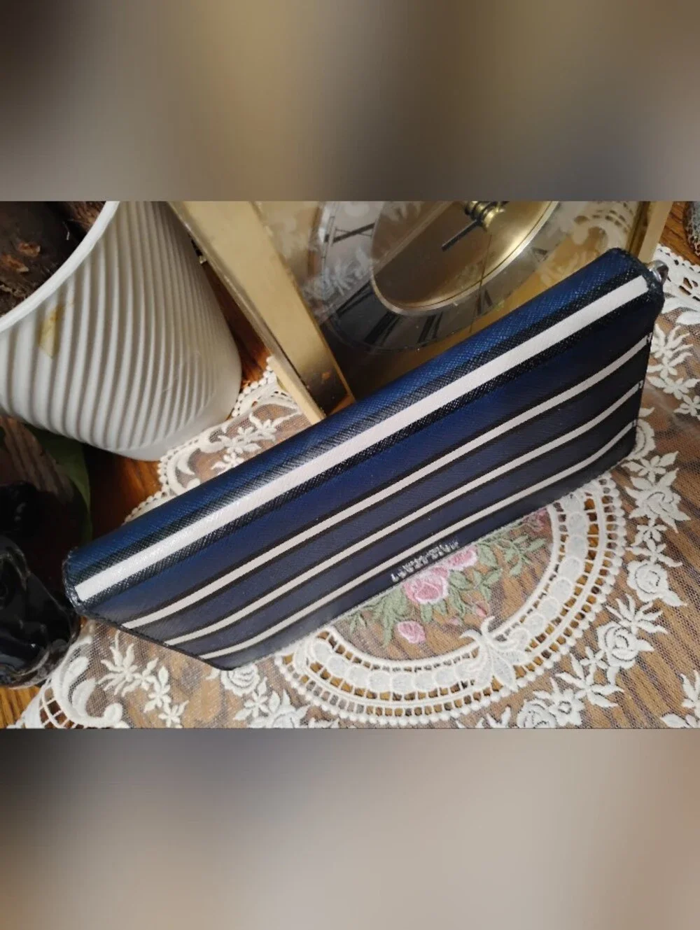 Kate Spade Navy, White & Black Striped Zip Around Clutch Wallet